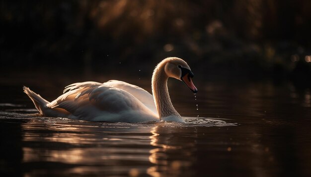 Majestic swan glides on tranquil water surface generated by AI
