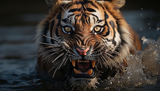 Бесплатное фото Величественный тигр, свирепый и дикий, смотрящий в камеру, созданный искусственным интеллектом