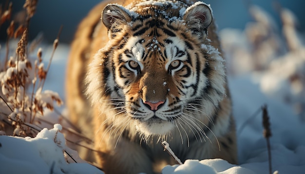 Бесплатное фото Величественный тигр смотрит свирепо и красиво в заснеженной пустыне, созданной искусственным интеллектом