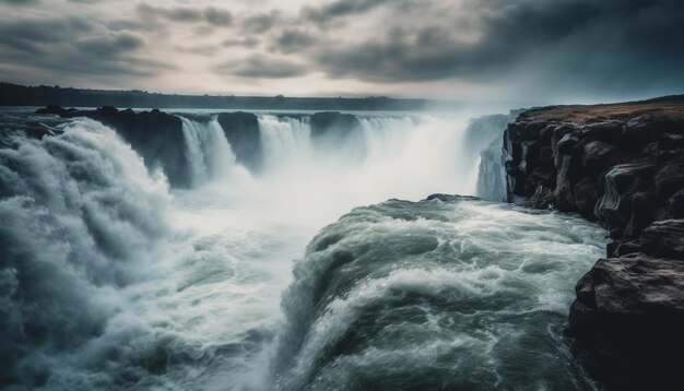 Majestic waterfall flowing over rocky cliff edge generated by AI