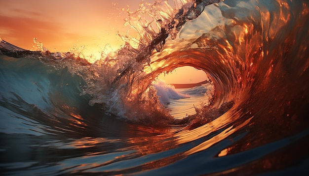 Free photo majestic wave crashing sunset reflection nature beauty in motion generated by artificial intelligence