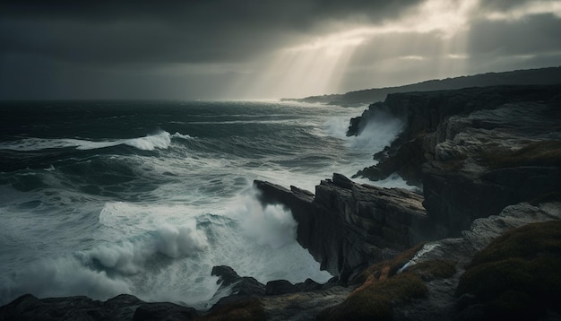 Onde maestose si infrangono contro la costa rocciosa al tramonto generate dall'intelligenza artificiale