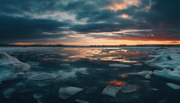 AI によって生成された凍った北極の風景の上に雄大な黄昏