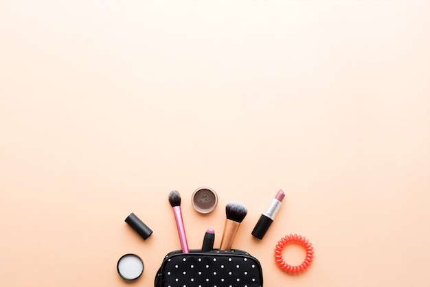 Makeup bag with brushes and cosmetics