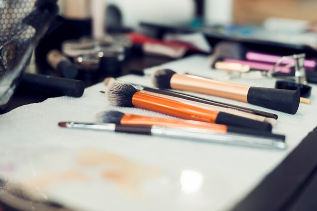 Makeup brushes on table