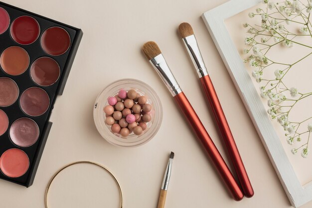 Makeup cosmetic products on table
