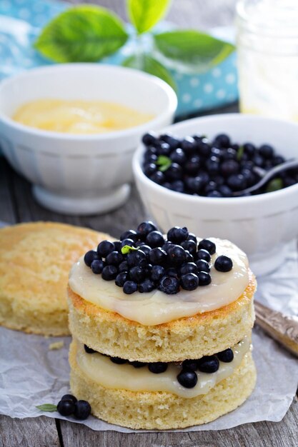 Making a cake sponge layers frosting and berries