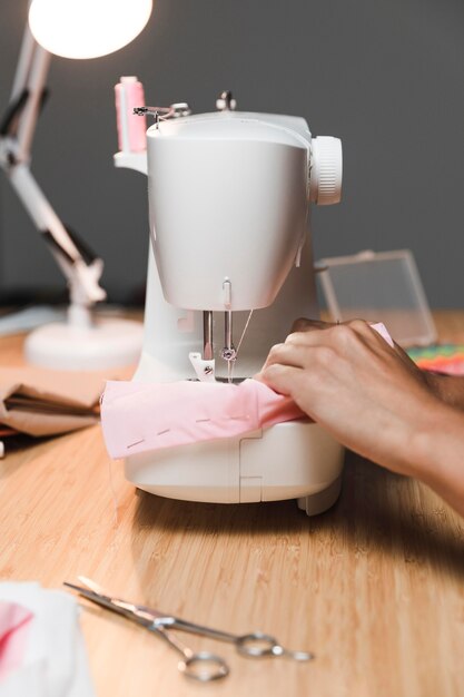 Making a fabric mask with sewing machine front view