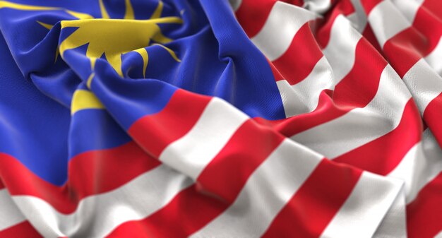 Malaysia Flag Ruffled Beautifully Waving Macro Close-Up Shot