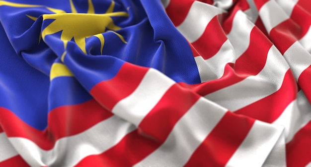 Malaysia Flag Ruffled Beautifully Waving Macro Close-Up Shot