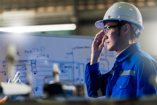 Ingegnere professionista asiatico maschio che ha una discussione in piedi accanto alla macchina in fabbrica due colleghi asiatici brainstorming che spiegano e risolve il processo curcuit scheda madre della macchina