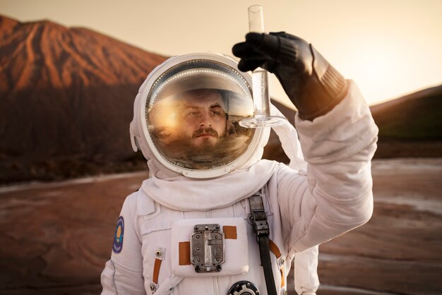 Male astronaut collecting a sample of water during a space mission on another planet