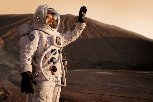 Мужчина-космонавт защищает глаза от солнца во время космической миссии на другой планете