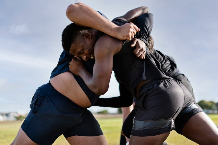 Free Photo male athletes playing rugby on the field