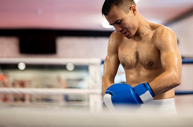 Male boxer adjusting protective gloves