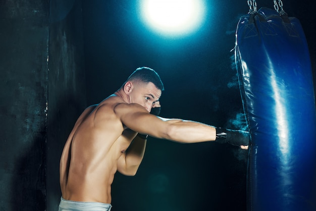 Male boxer boxing in punching bag