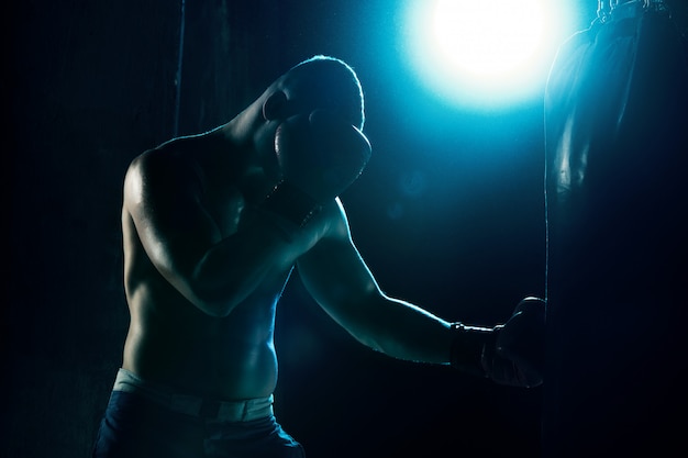 Male boxer boxing in punching bag