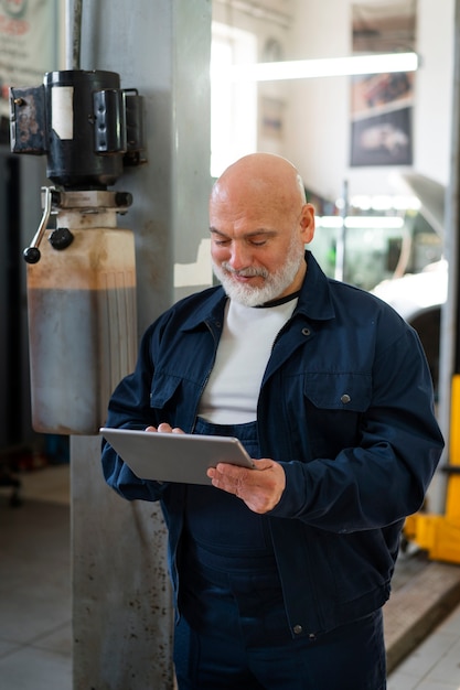 Male car mechanic using tablet device in the car repair shop