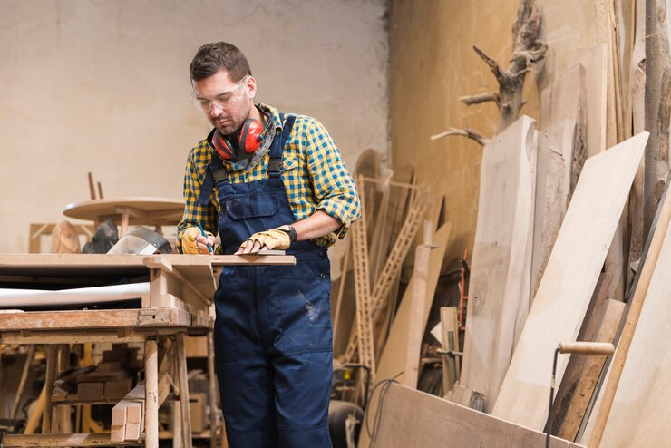 Free Photo a male carpenter working in the workshop