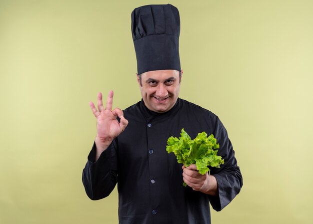 Шеф-повар-мужчина в черной униформе и поварской шляпе держит свежий салат, улыбаясь, показывая знак ОК, стоящий на зеленом фоне