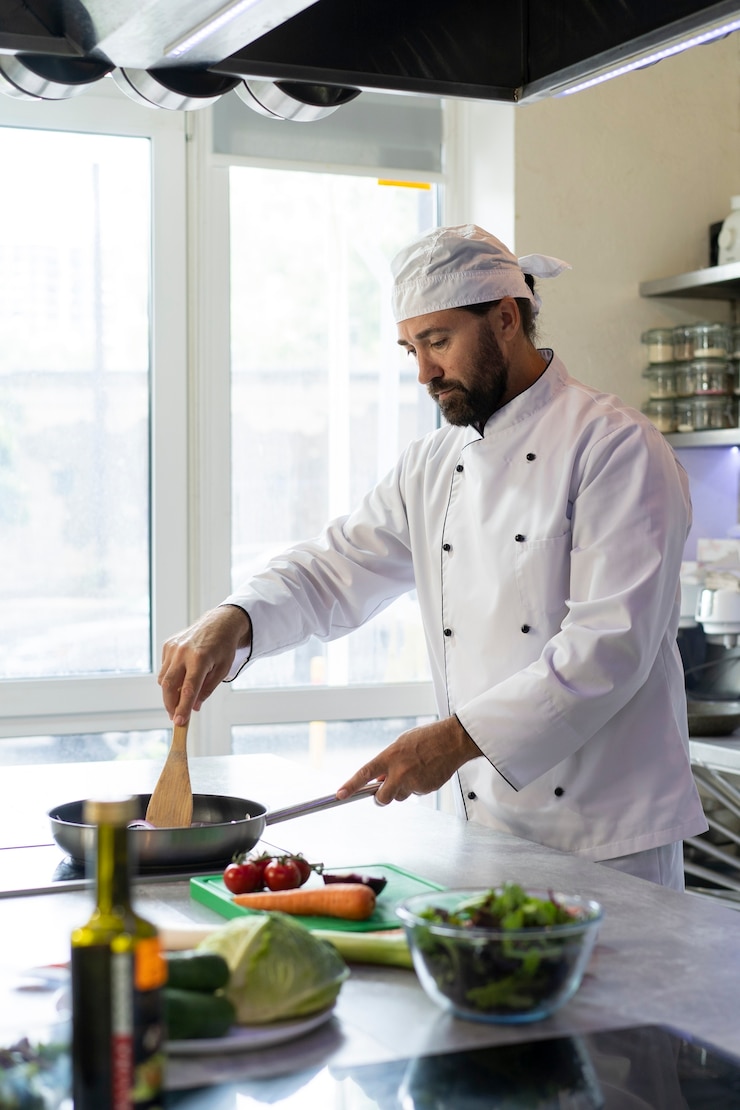 Free Photo male chef in the kitchen cooking dish in a frying pan