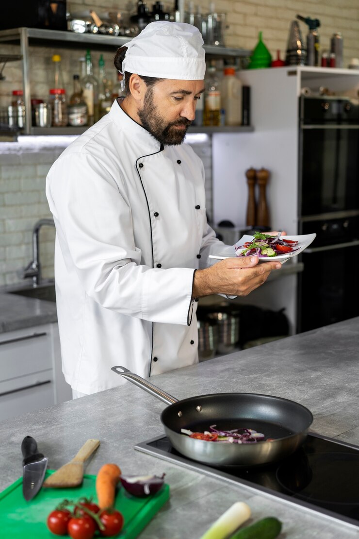 Free Photo male chef in the kitchen holding plate of salad