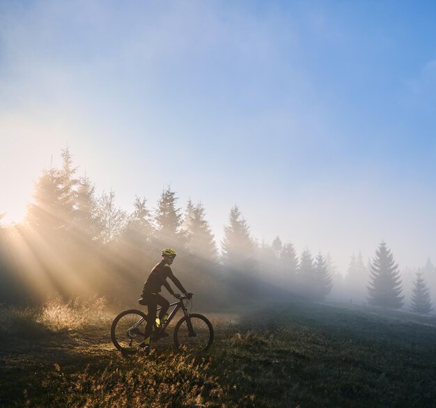 Male cyclist riding bicycle in the morning