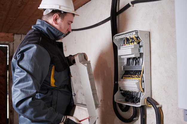Male electrician checking switchboard in basement