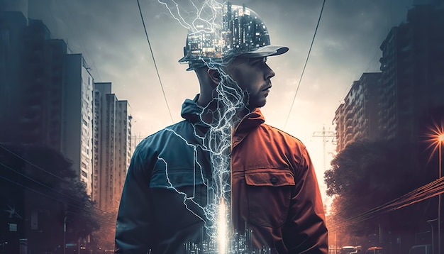 Male electrician in a protective helmet generative al