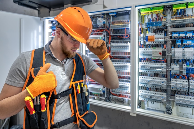 Free Photo male electrician working in electrical panel male electrician in overalls