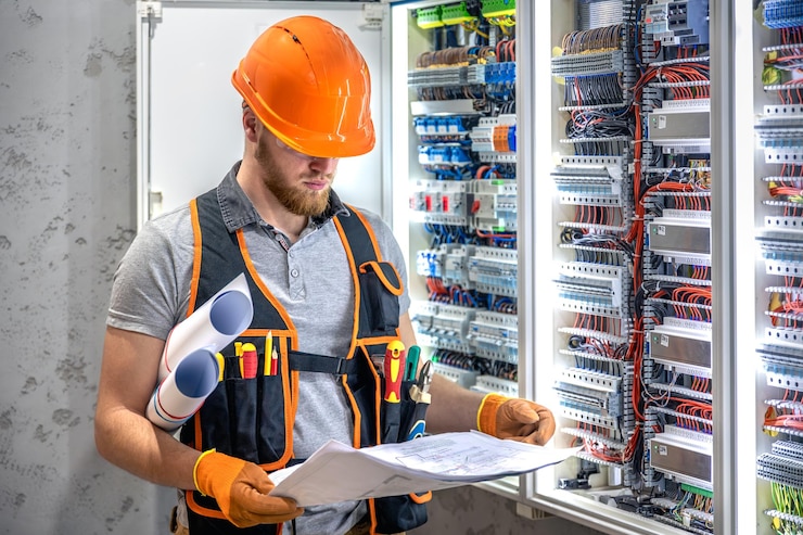 Free Photo male electrician working in electrical panel male electrician in overalls