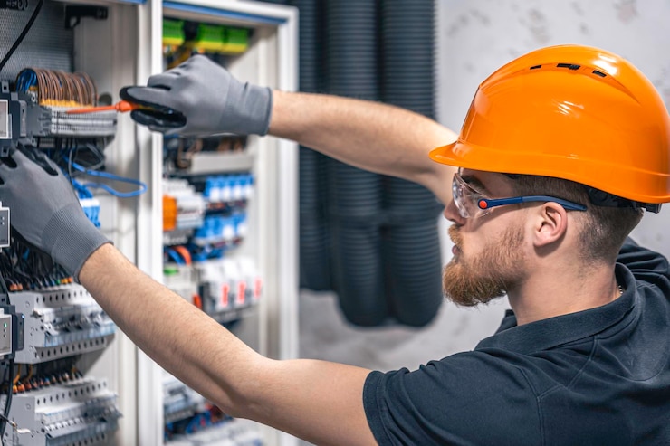 Free Photo male electrician working in a switchboard with fuses