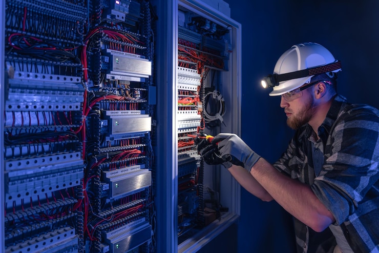 Free Photo a male electrician works in a switchboard in overalls against the backdrop of emergency lighting
