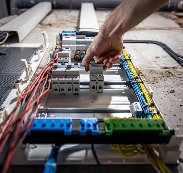 A male electrician works in a switchboard with an electrical connecting cable