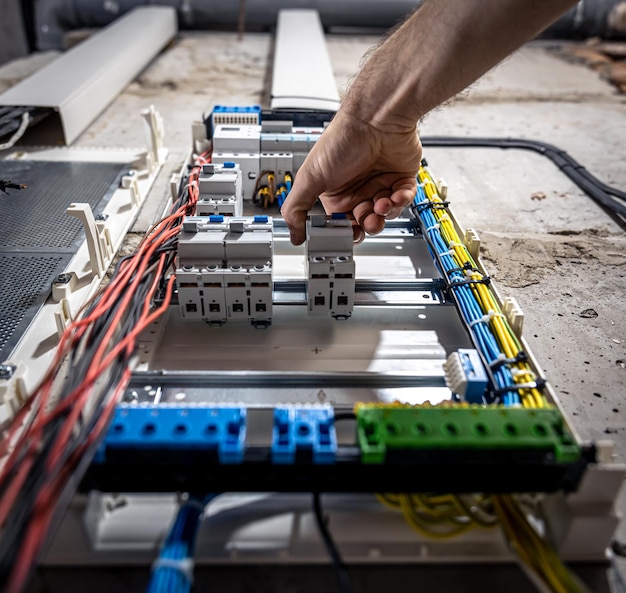 A male electrician works in a switchboard with an electrical connecting cable