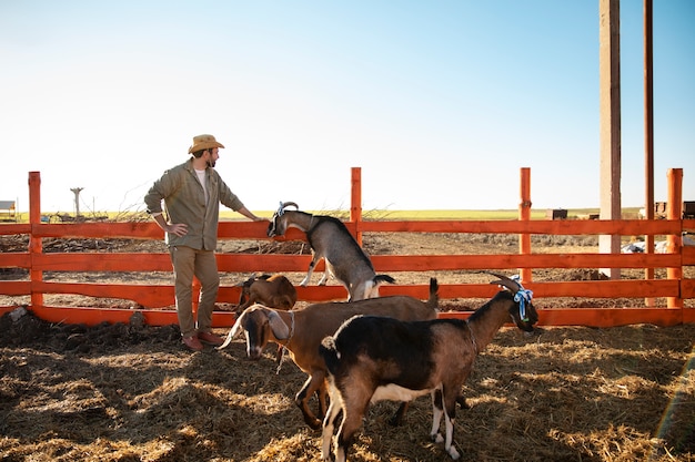 Free photo male farmer tending to his goats at the farm