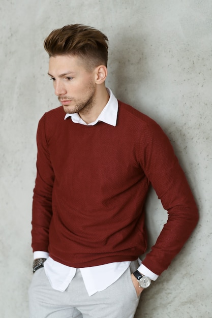 Free photo male fashion on wooden floor, young man posing