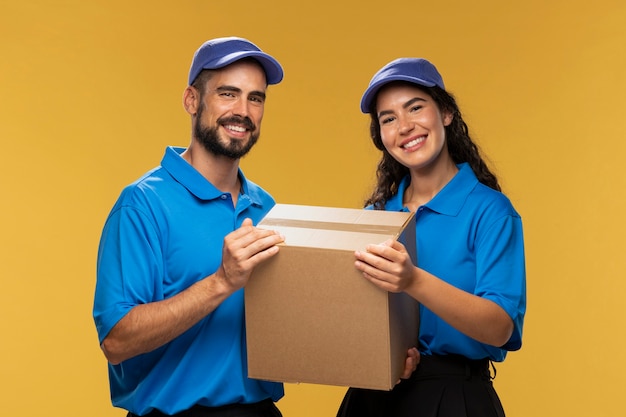 Доставщики мужского и женского пола держат картонную посылку