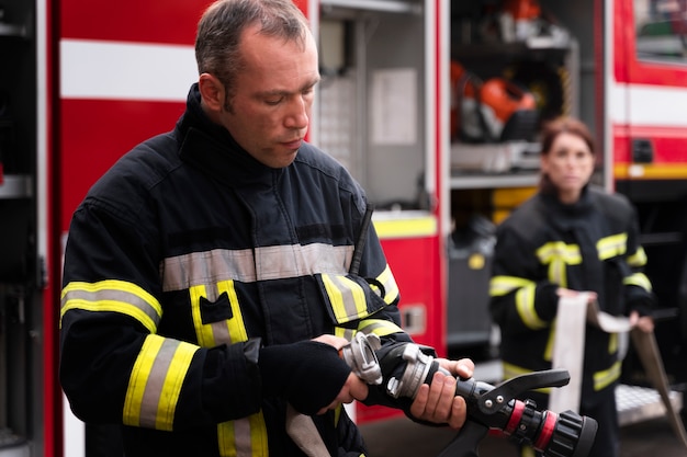 Foto gratuita vigili del fuoco maschi e femmine alla stazione che lavorano insieme