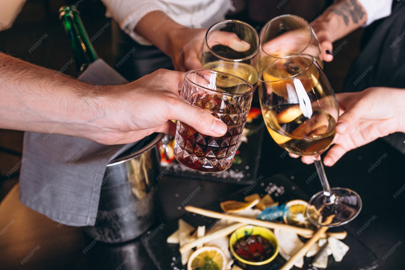 Various alcoholic beverages and substances, symbolizing excessive use
