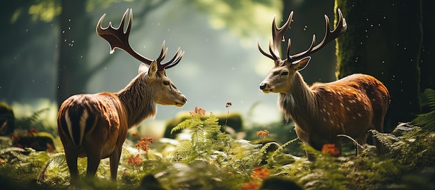 Male and female red deer with antlers standing in the forest