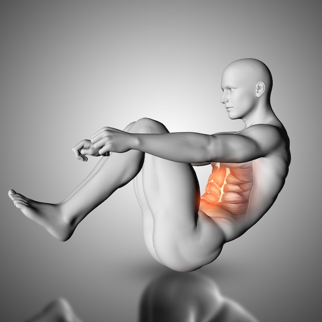  male figure doing crunch exercise with stomach muscles highlighted