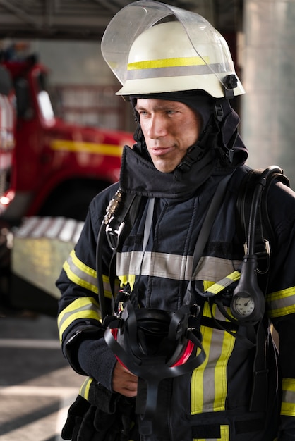 Бесплатное фото Мужской пожарный на станции в костюме и шлеме