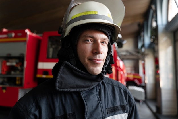 Foto gratuita vigile del fuoco maschio alla stazione dotato di tuta e casco di sicurezza