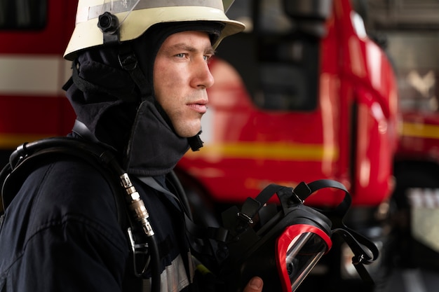 Foto gratuita vigile del fuoco maschio alla stazione in tuta e casco