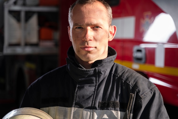 Foto gratuita vigile del fuoco maschio alla stazione con tuta e casco di sicurezza