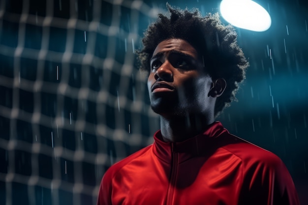 Free photo male football player on the field during rain