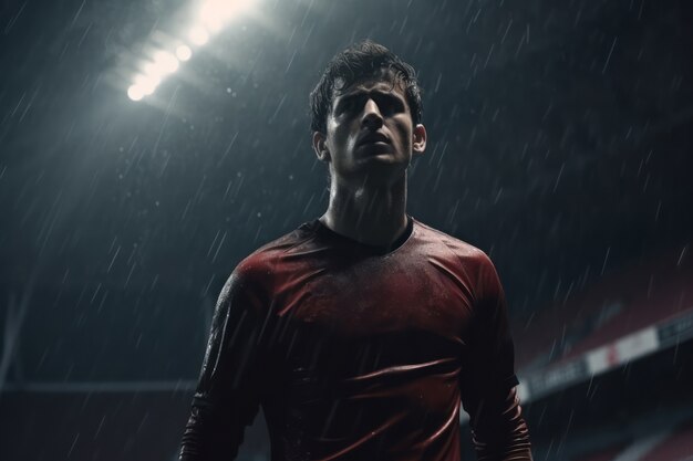 雨の中フィールドにいる男性サッカー選手