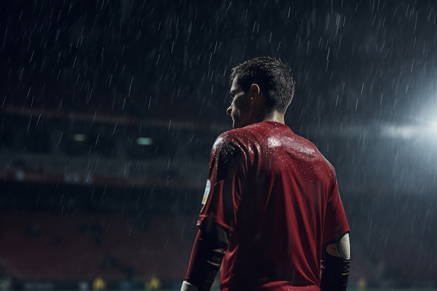 無料写真 雨の中フィールドにいる男性サッカー選手