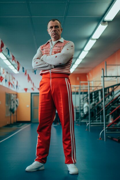 Мужской тренер по гимнастике позирует в спортзале